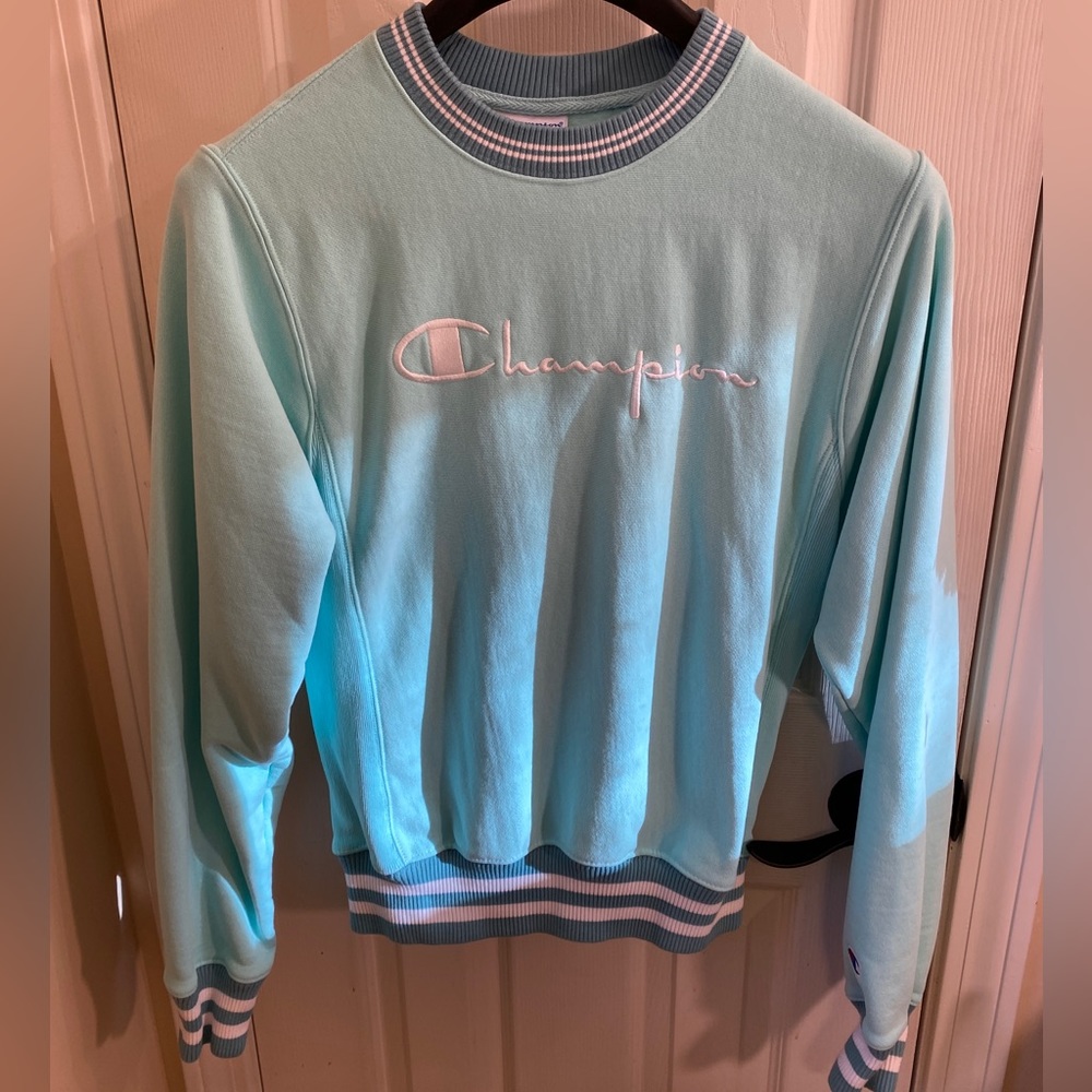 Champion Light Aqua Blue Reverse Weave Crewneck Sweatshirt Xs Spell Out